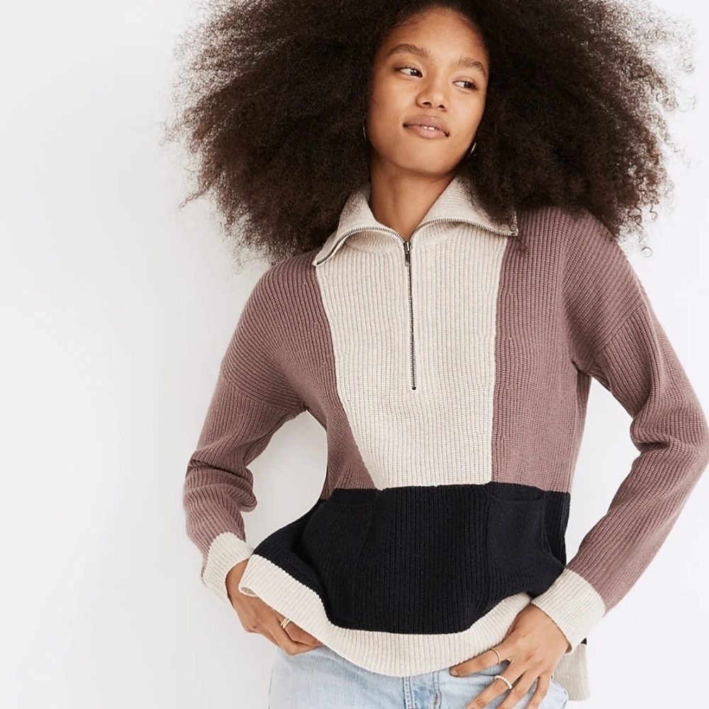 NWOT Madewell Glenbrook Half-Zip Pullover Merino Wool Blend Colorblock Sweater